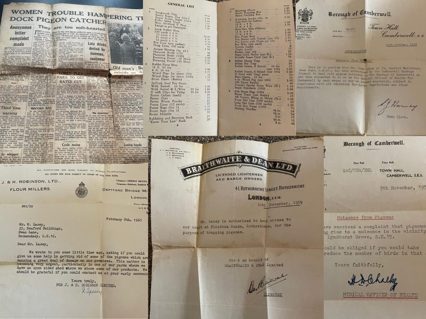 Historical newspaper cuttings and documents recording John's grandad carrying out pigeon control for the council
